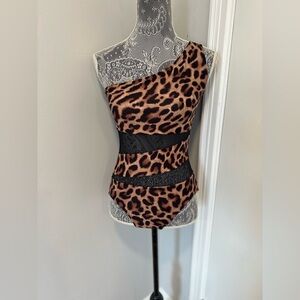 NWOT Carmen Marc Valvo One Piece Swimsuit Sz6 One Shoulder Leopard Print Mesh